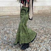 Elegant Lace Stitching Green Skirt Vintage Floral Slim-fitting Low Rise Long Skirts for y2k Fairycore Ladies Retro